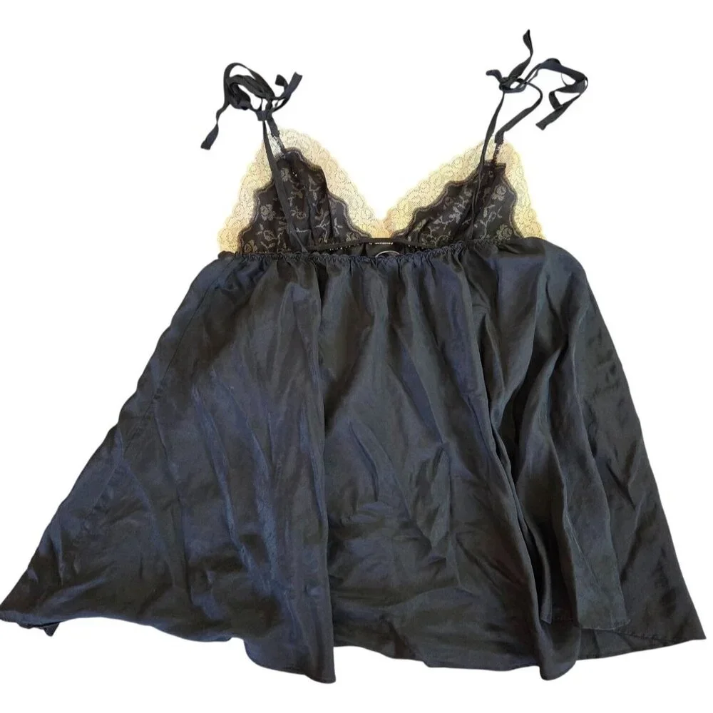 Victorias Secret Black Silk Babydoll Lingerie Large Cross-Stitch Cups Straps - Picture 2 of 8